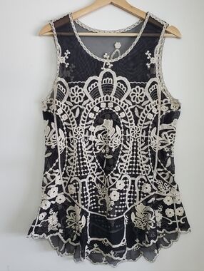 Embroidery Medium sheer Tank Black Cream Floral Flowy Top Boho Doily Neutral